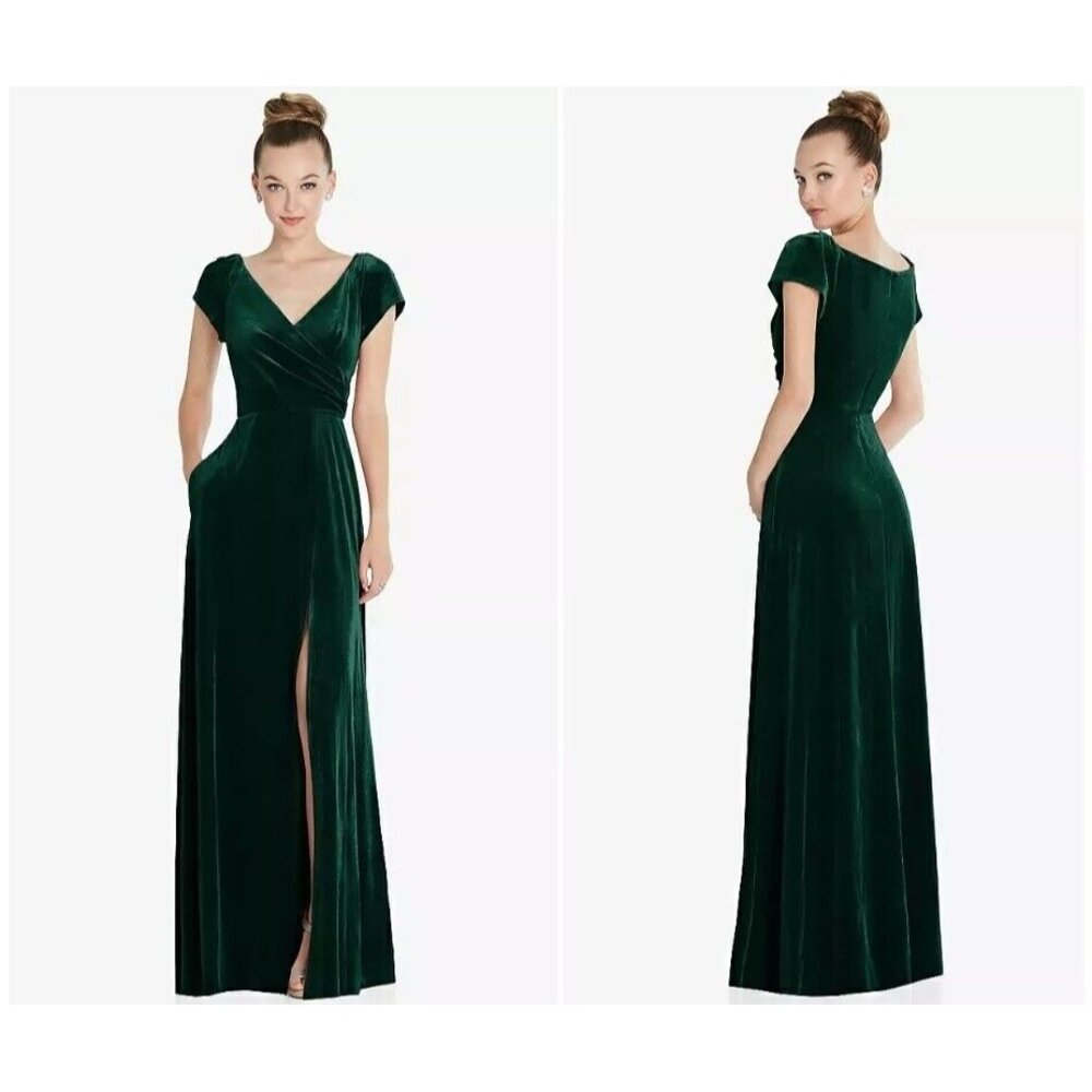 NEW AFTER SIX Small Cap Sleeve Velvet Maxi‎ Dress Pockets Evergreen Gown